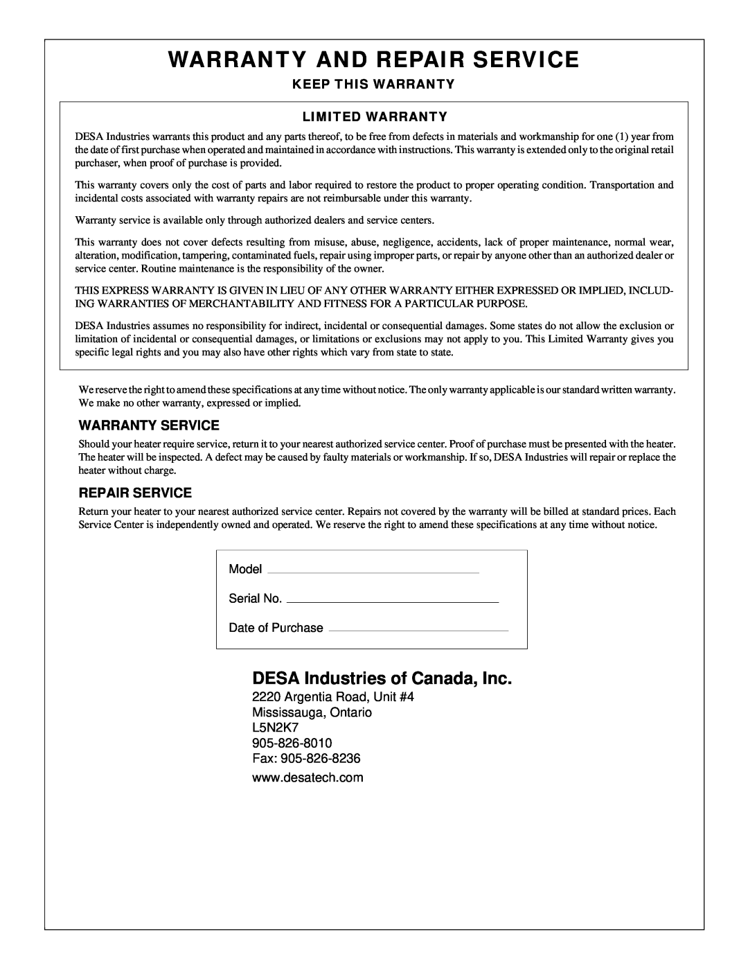 Desa RCLP155B owner manual Warranty And Repair Service, DESA Industries of Canada, Inc, Warranty Service 