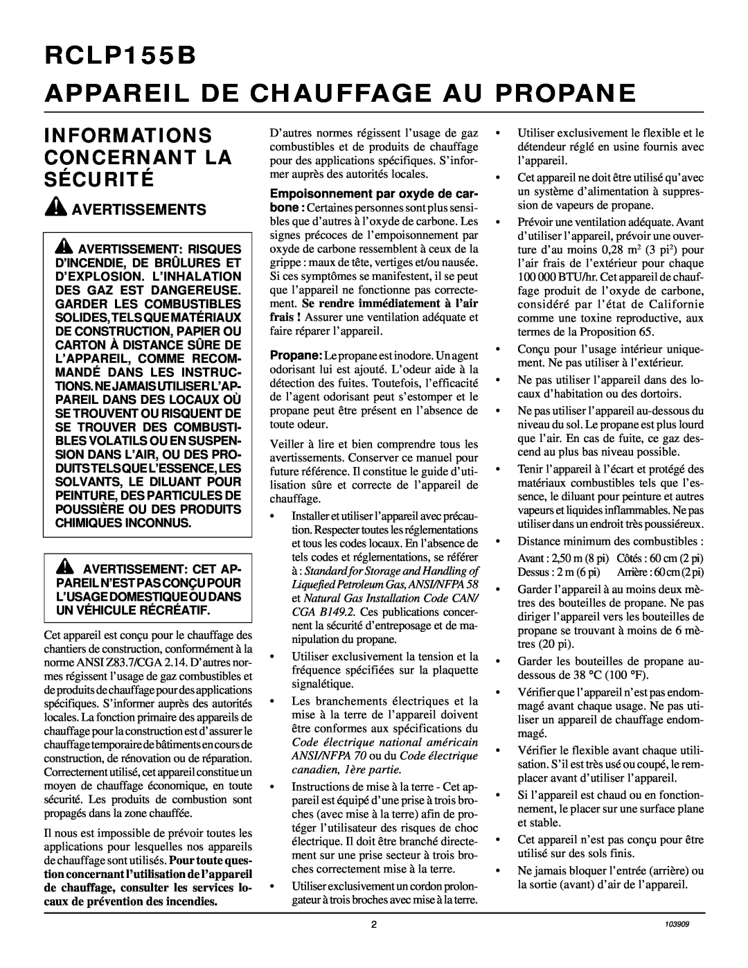 Desa owner manual RCLP155B APPAREIL DE CHAUFFAGE AU PROPANE, Informations Concernant La Sécurité, Avertissements 