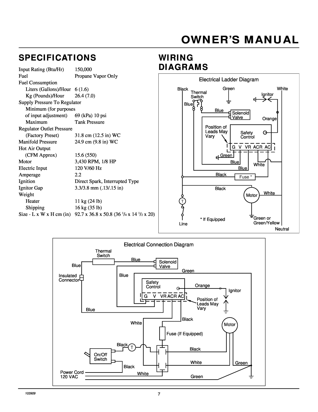 Desa RCLP155B owner manual Specifications, Wiring, Diagrams, Owner’S Manual 