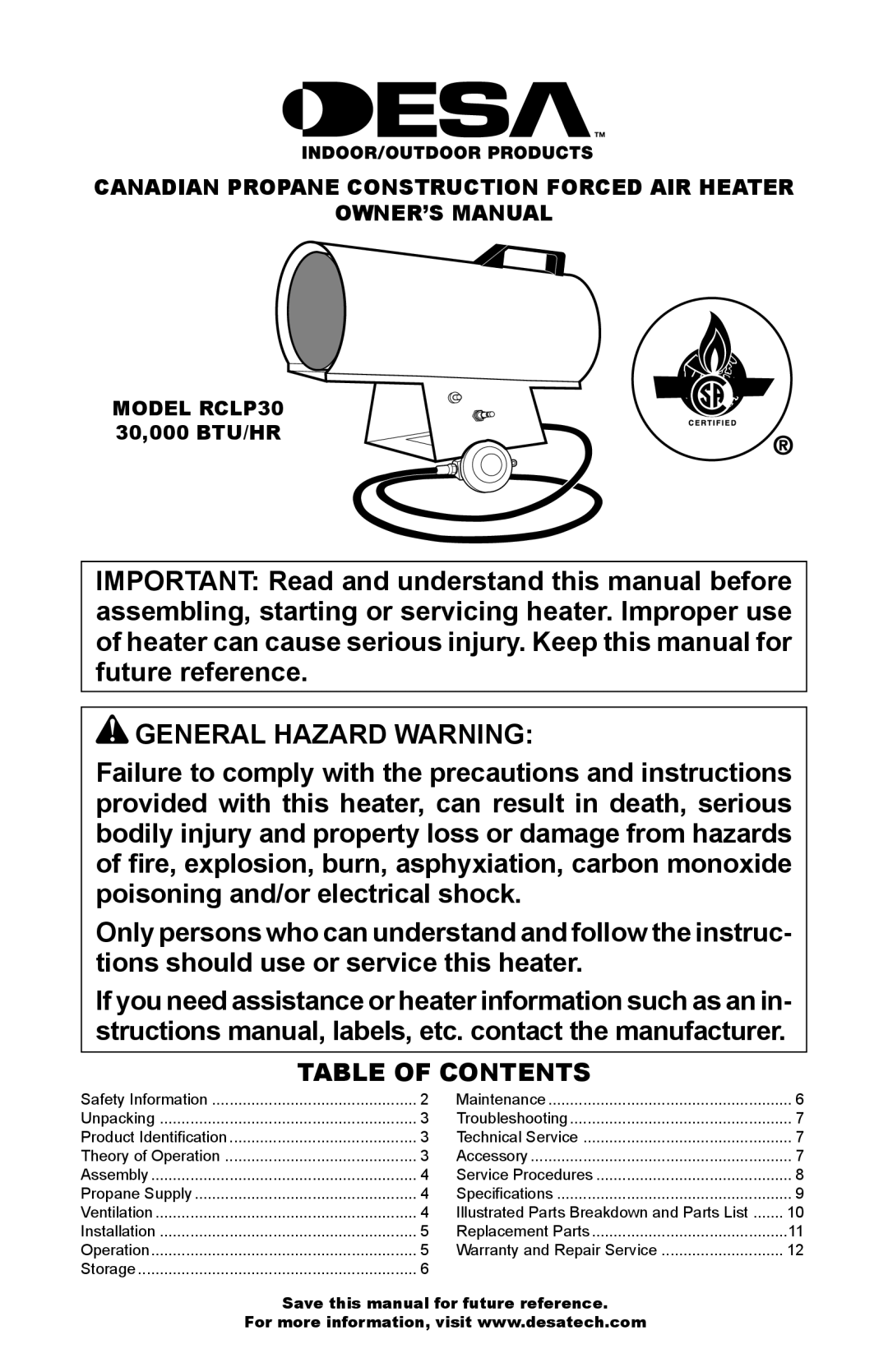 Desa RCLP30 owner manual General Hazard Warning, Table of Contents 