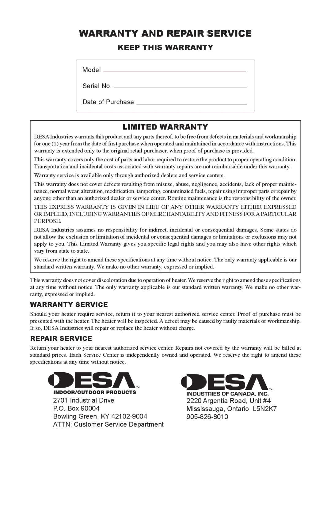 Desa RCLP30 owner manual Warranty and Repair Service, Keep this Warranty, Limited Warranty 