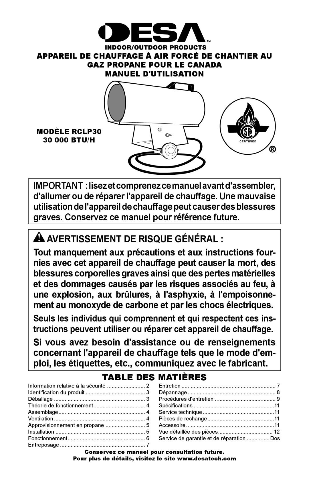 Desa owner manual Table DES Matières, Modèle RCLP30 