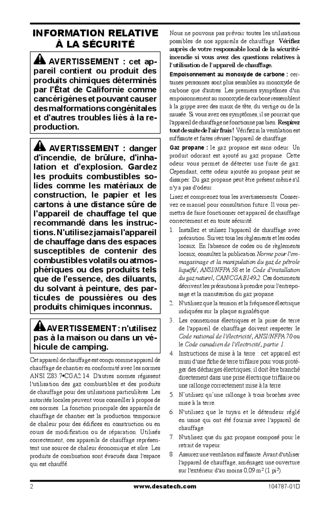 Desa RCLP30 owner manual Information Relative LA Sécurité 