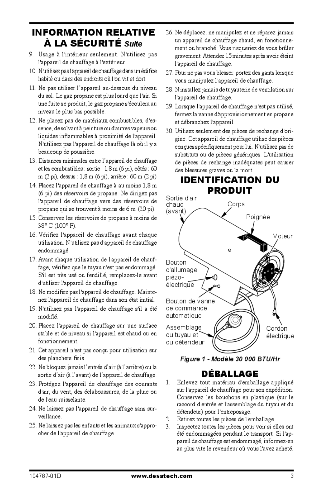 Desa RCLP30 owner manual Information Relative, Identification DU Produit, Retirez toutes les pièces de lemballage 