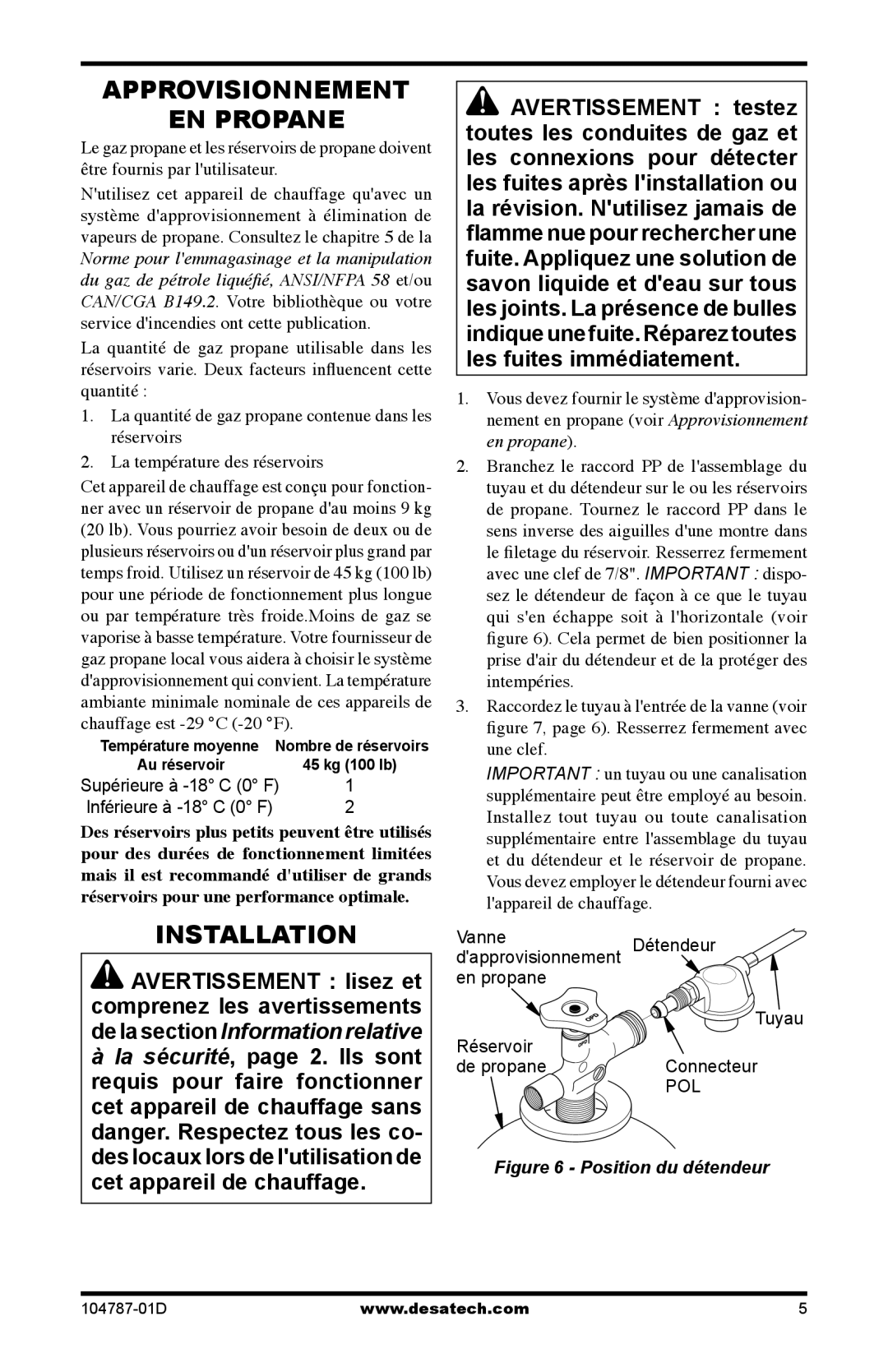 Desa RCLP30 owner manual Approvisionnement EN Propane, Position du détendeur 