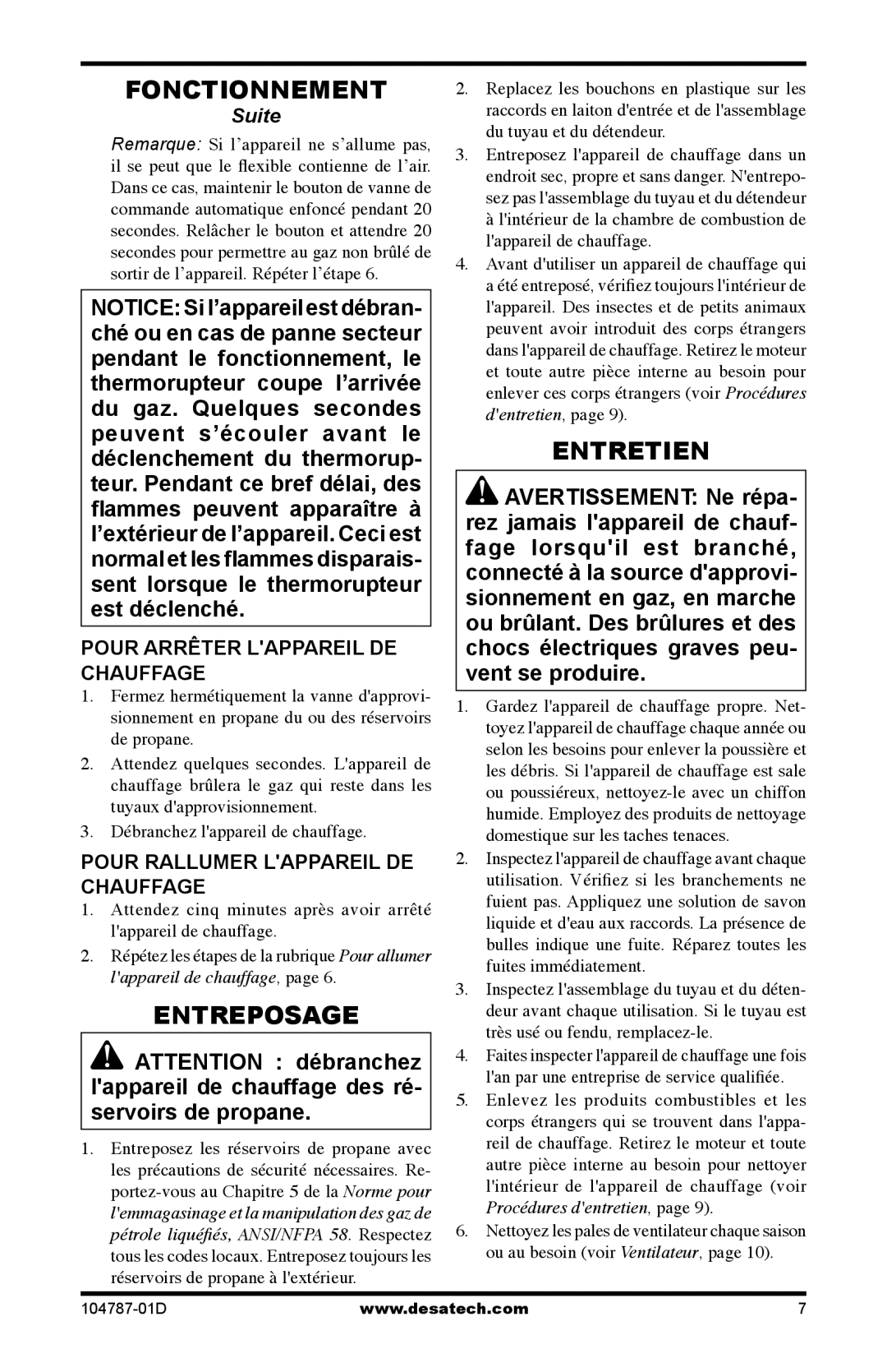 Desa RCLP30 owner manual Entreposage, Entretien, Pour Arrêter Lappareil DE Chauffage, Pour Rallumer Lappareil DE Chauffage 