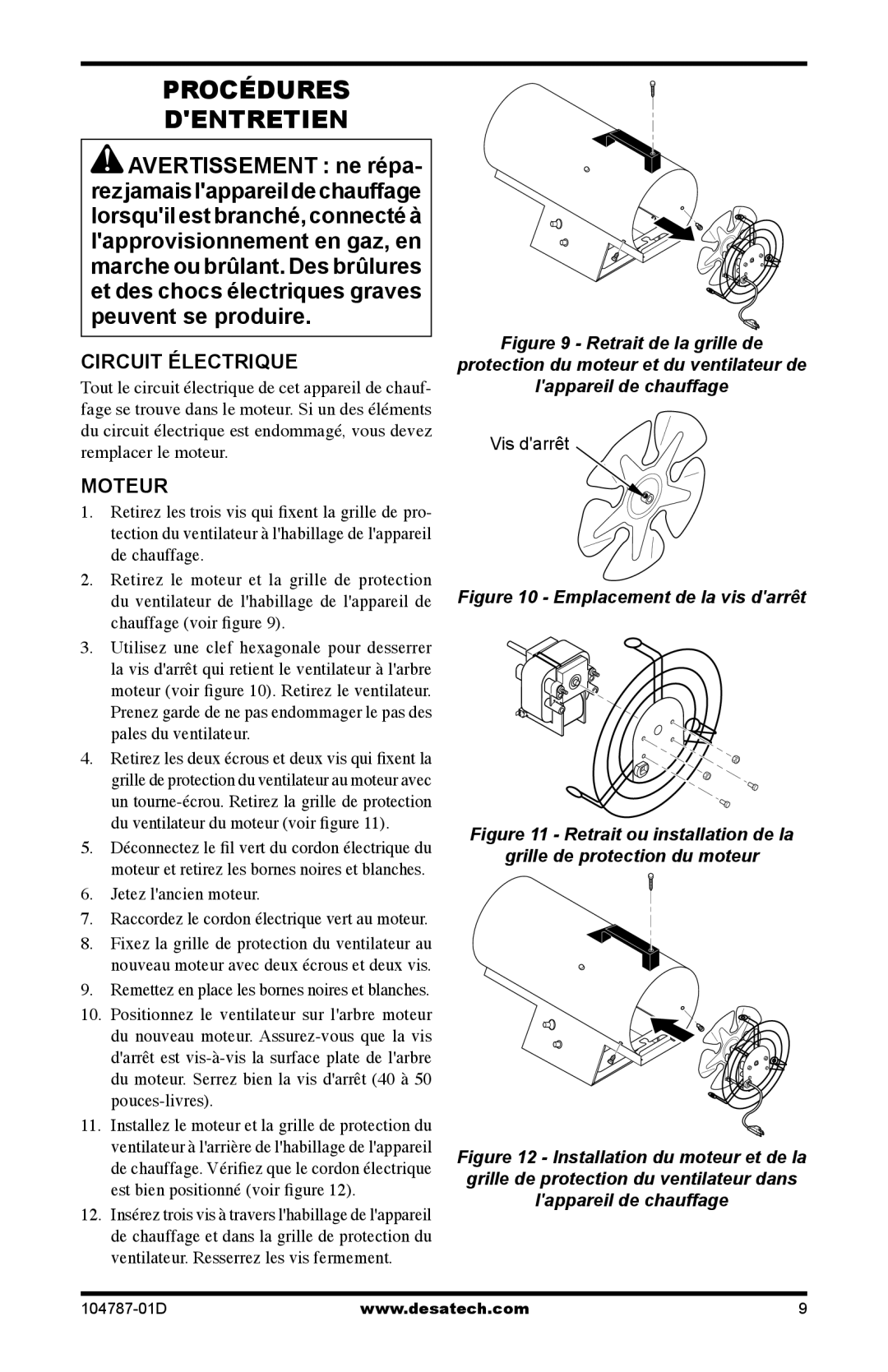 Desa RCLP30 owner manual Procédures Dentretien, Circuit Électrique, Moteur, Jetez lancien moteur 