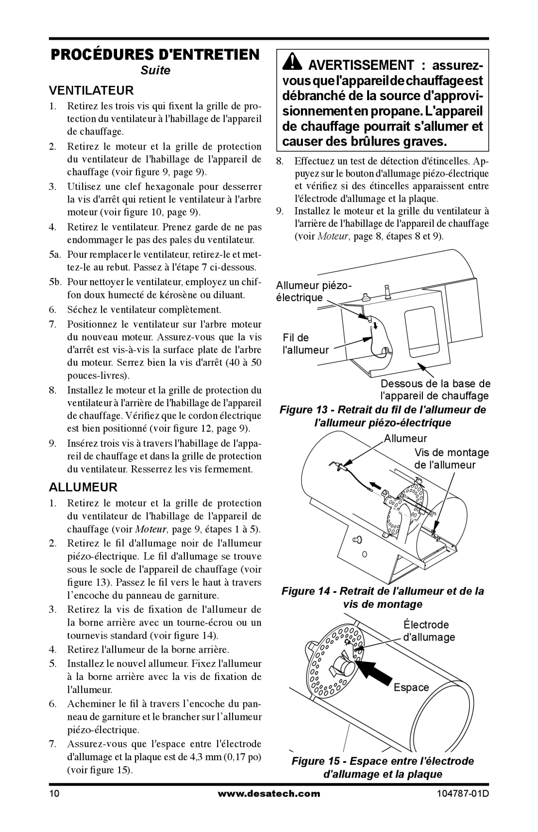 Desa RCLP30 owner manual Ventilateur, Allumeur, Fon doux humecté de kérosène ou diluant 