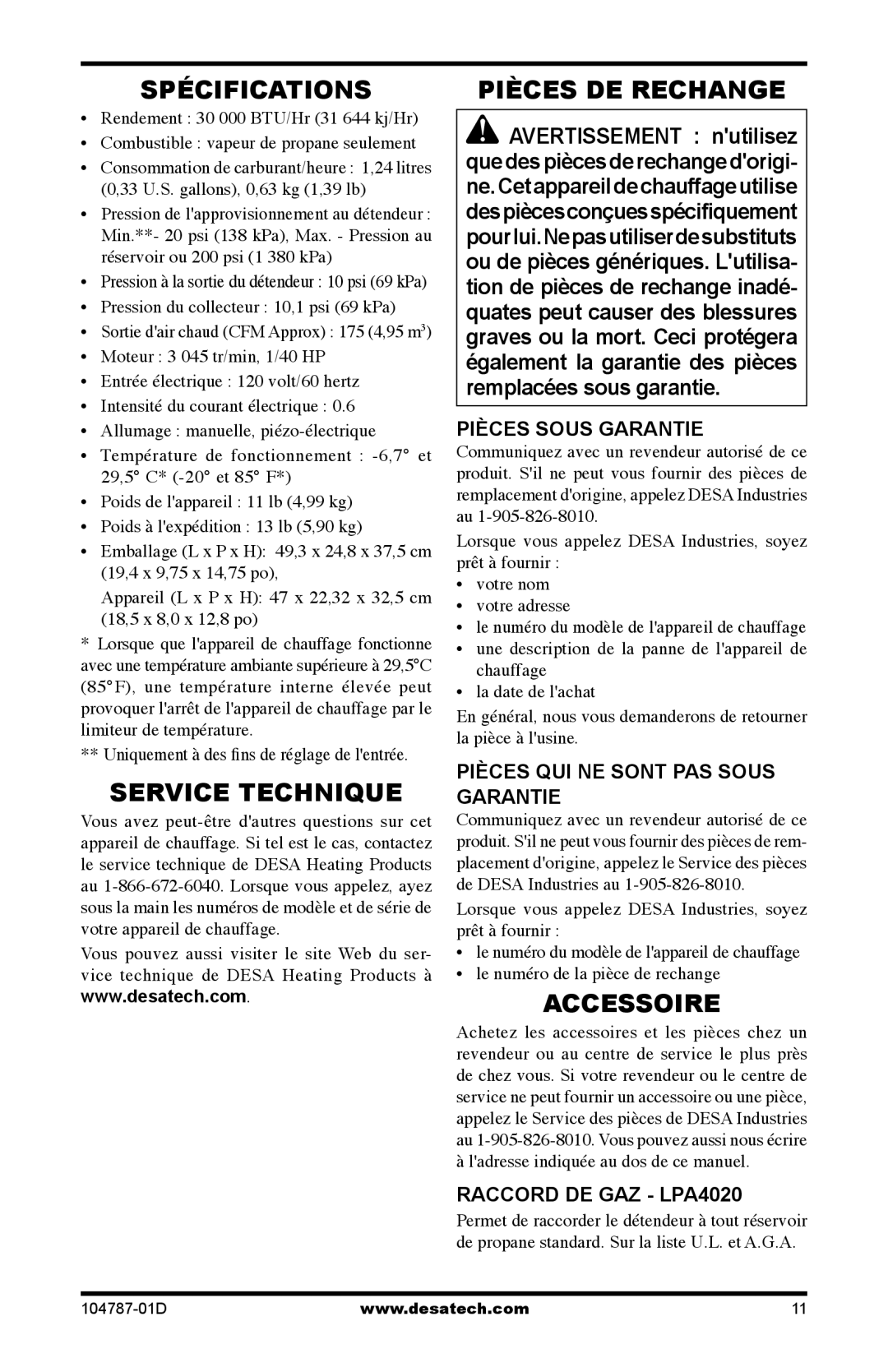 Desa RCLP30 owner manual Spécifications, Service Technique, Pièces DE Rechange, Accessoire 