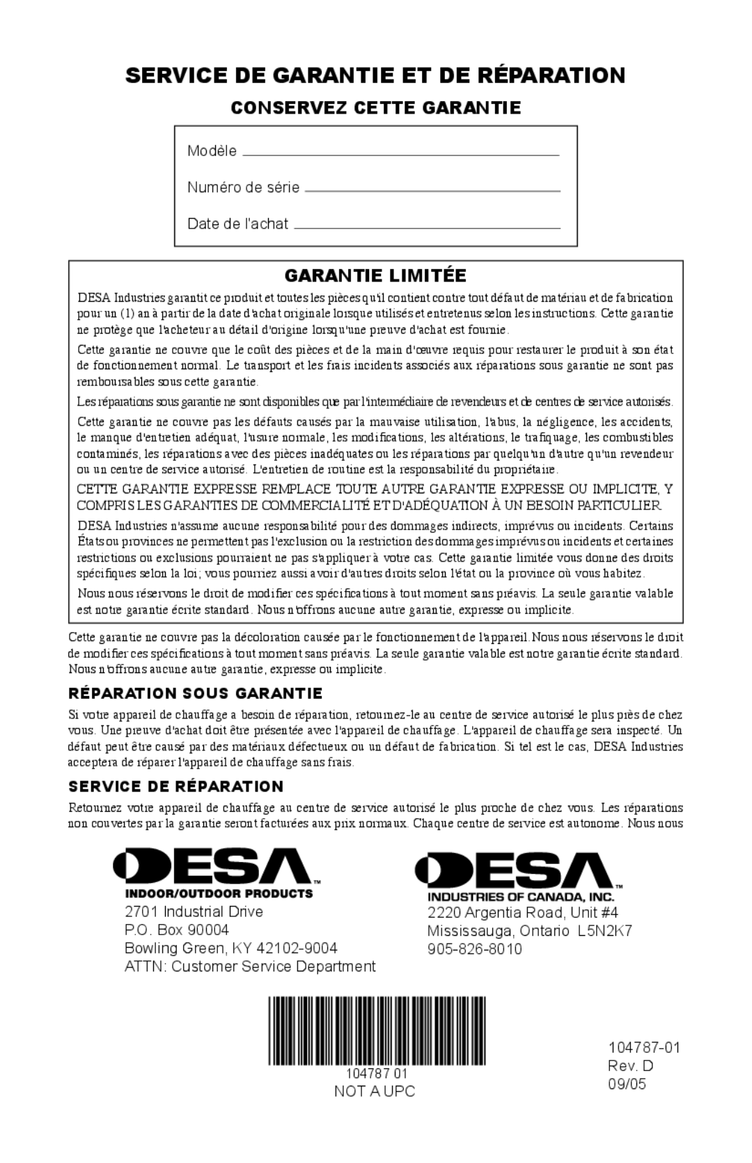 Desa RCLP30 owner manual Service DE Garantie ET DE Réparation, Conservez Cette Garantie, Garantie Limitée 