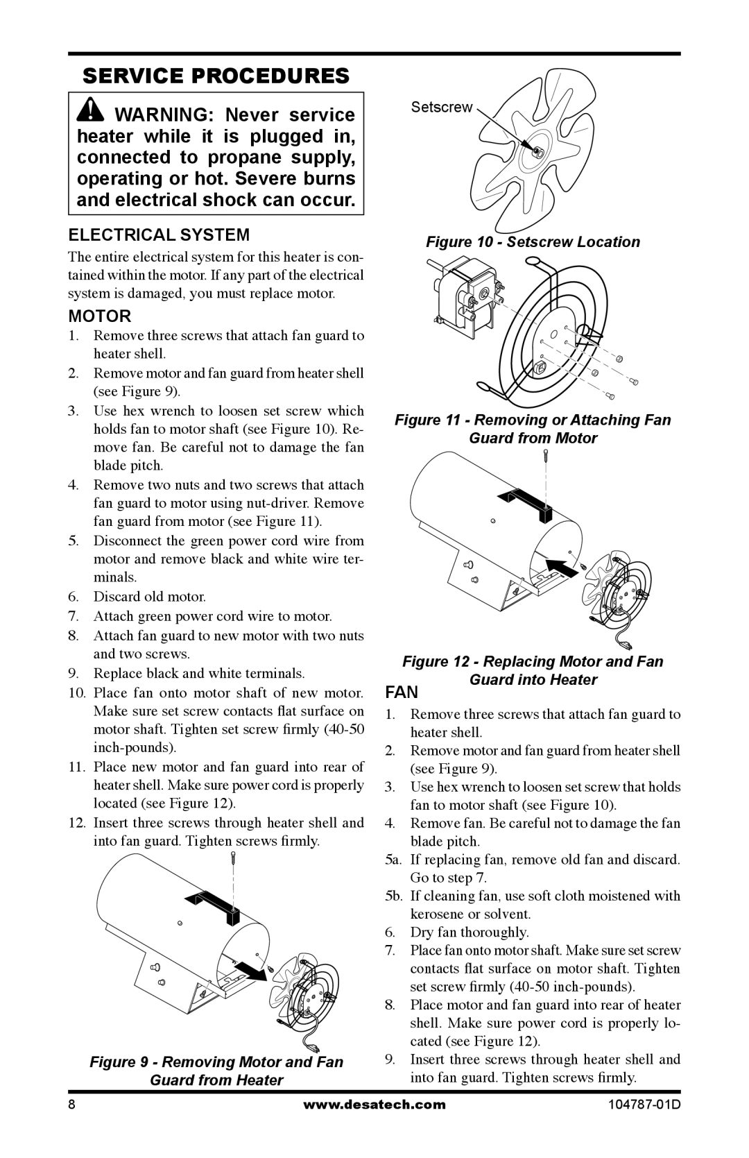 Desa RCLP30 owner manual Service Procedures, Electrical System, Motor 