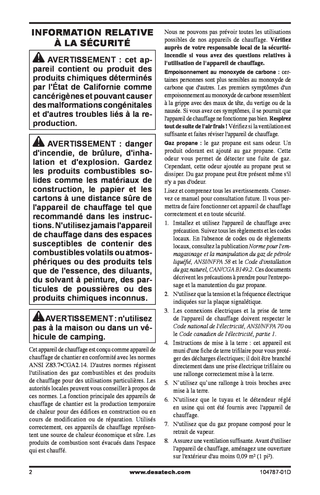 Desa RCLP30 owner manual Information Relative À La Sécurité 