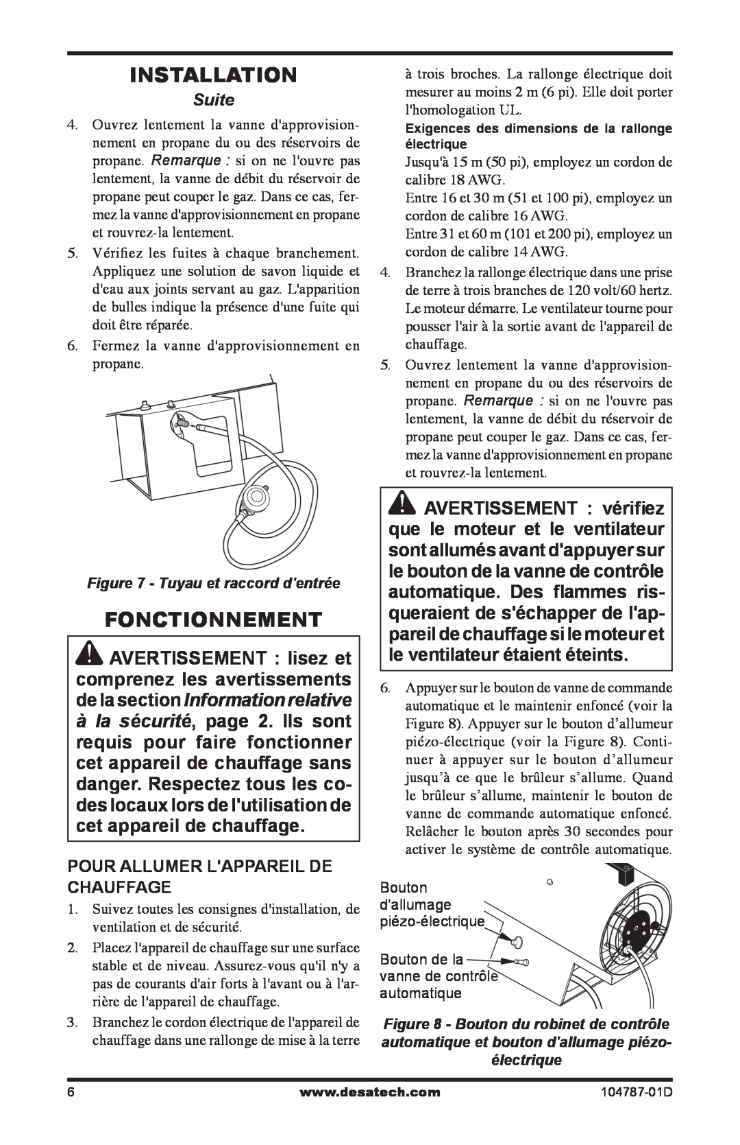 Desa RCLP30 owner manual Installation, Suite, Pour Allumer Lappareil De Chauffage 