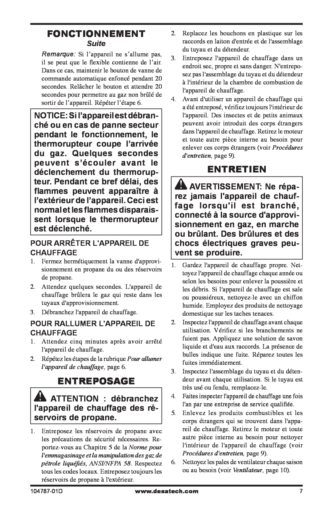 Desa RCLP30 owner manual Fonctionnement, Entreposage, Entretien, Pour Arrêter Lappareil De Chauffage 