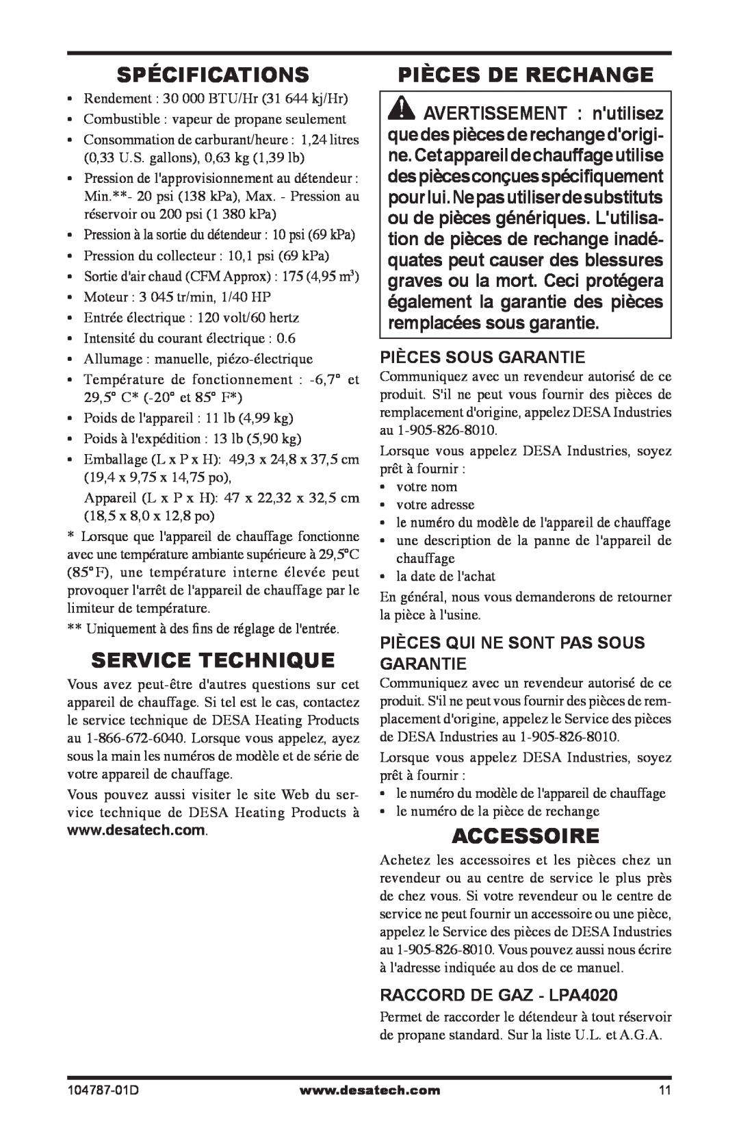 Desa RCLP30 owner manual Spécifications, Service Technique, Pièces De Rechange, Accessoire, Pièces Sous Garantie 