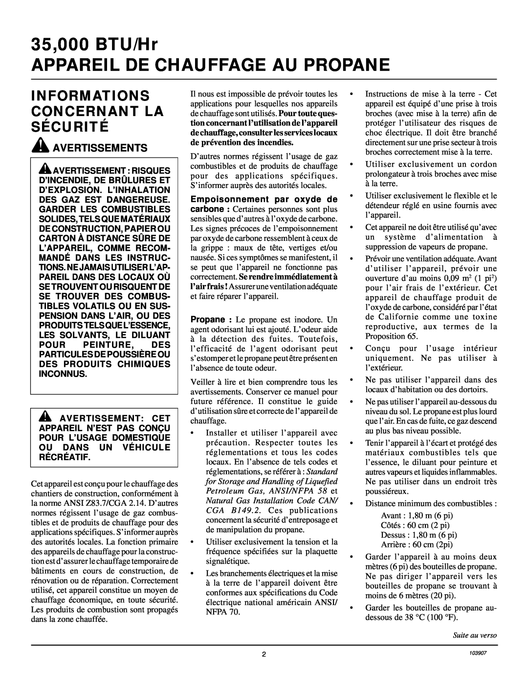 Desa RCLP35B owner manual 35,000 BTU/Hr APPAREIL DE CHAUFFAGE AU PROPANE, Informations Concernant La Sécurité 