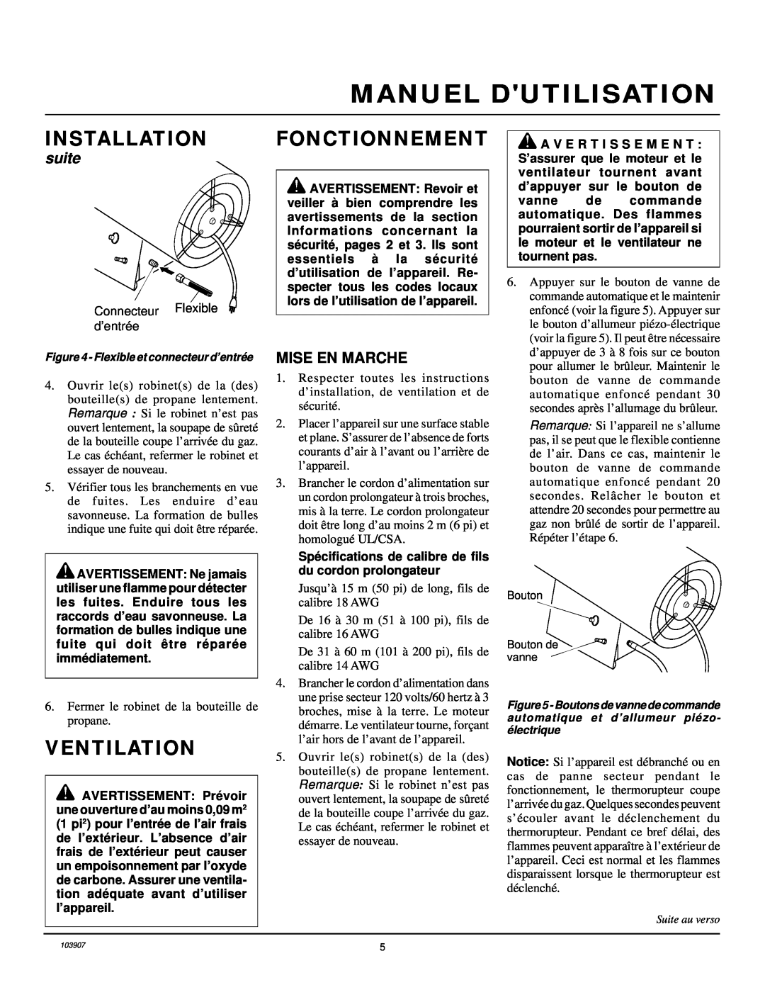 Desa RCLP35B owner manual Fonctionnement, Manuel Dutilisation, Installation, Ventilation, suite 