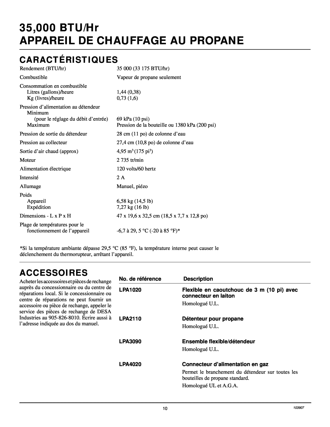 Desa RCLP35B owner manual Caractéristiques, Accessoires, 35,000 BTU/Hr APPAREIL DE CHAUFFAGE AU PROPANE, Homologué U.L 