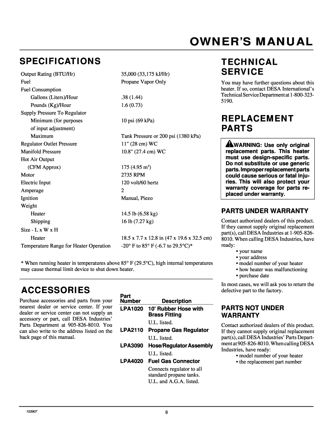 Desa RCLP35B owner manual Specifications, Technical Service, Replacement Parts, Accessories 