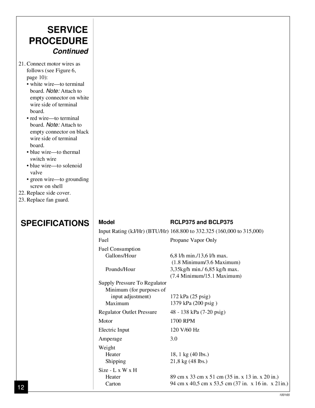 Desa RCLP375, BCLP375 owner manual Specifications 