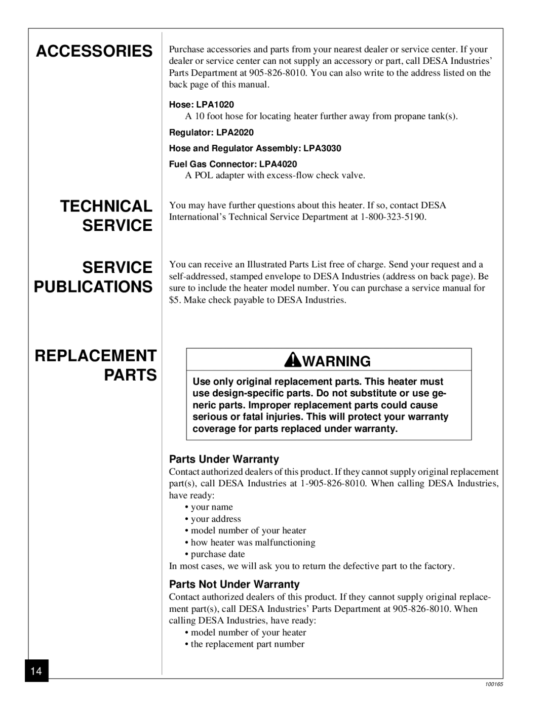 Desa RCLP375, BCLP375 Accessories Technical Service Service Publications, Parts Under Warranty, Parts Not Under Warranty 