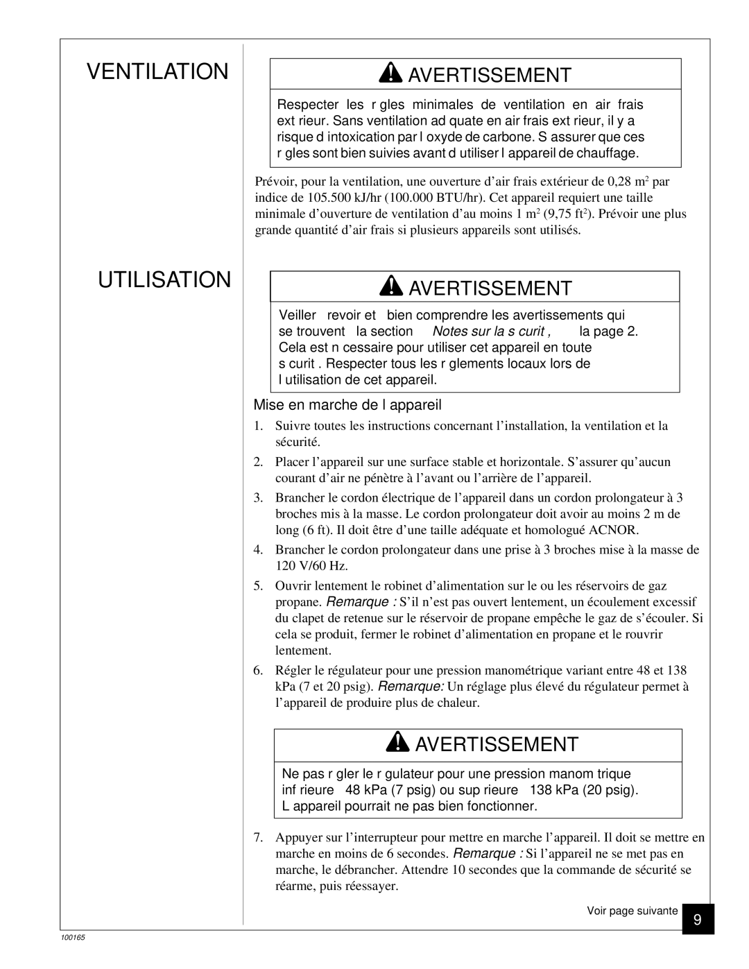 Desa BCLP375, RCLP375 owner manual Ventilation Utilisation, Mise en marche de l’appareil 