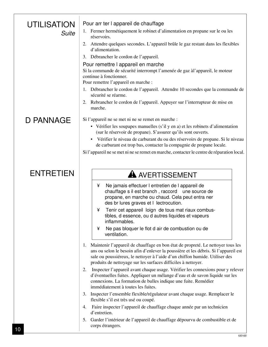 Desa RCLP375, BCLP375 Dépannage Entretien, Pour arrêter l’appareil de chauffage, Pour remettre l’appareil en marche 