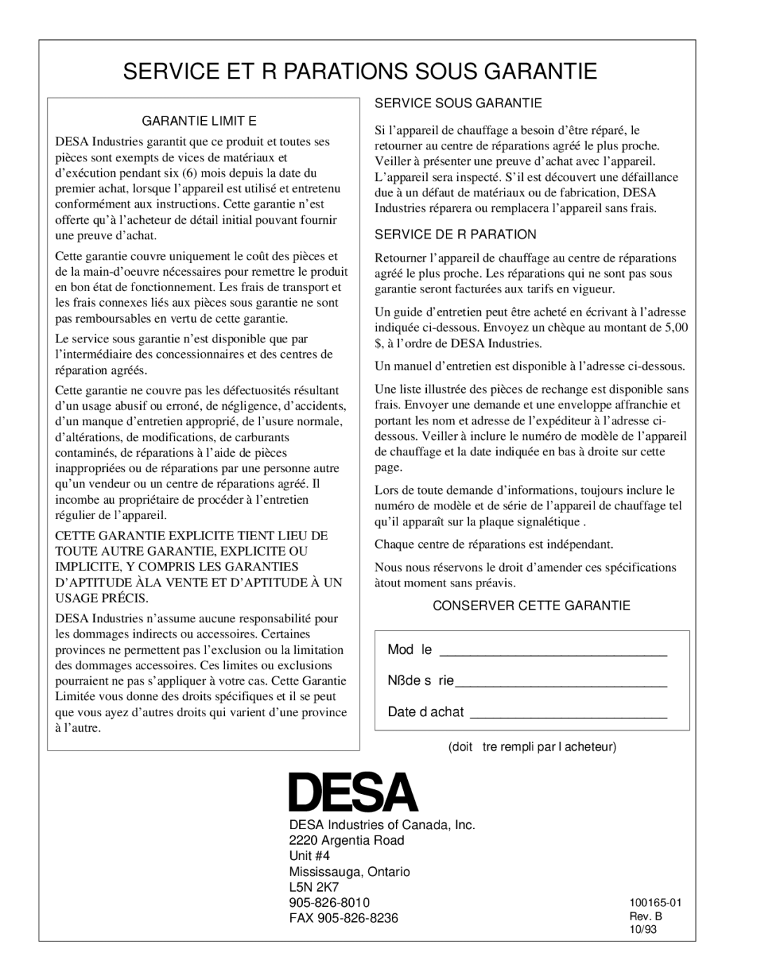 Desa RCLP375, BCLP375 owner manual Service ET Réparations Sous Garantie, Garantie Limitée 