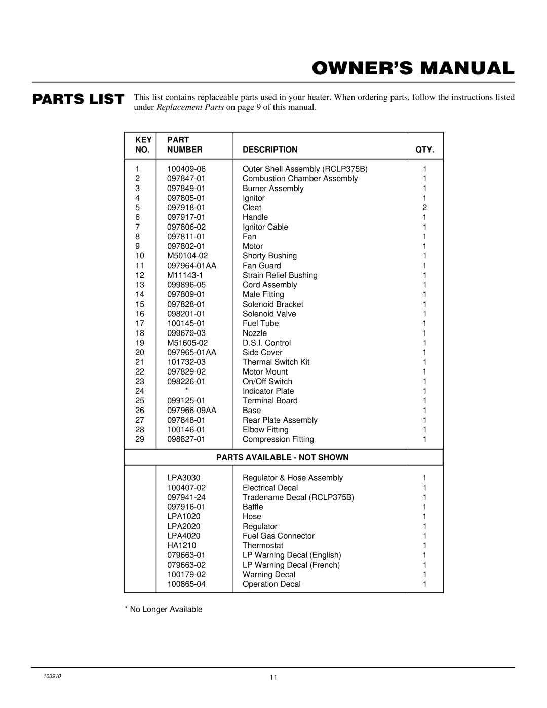 Desa RCLP375B owner manual Parts List, Under Replacement Parts on page 9 of this manual 