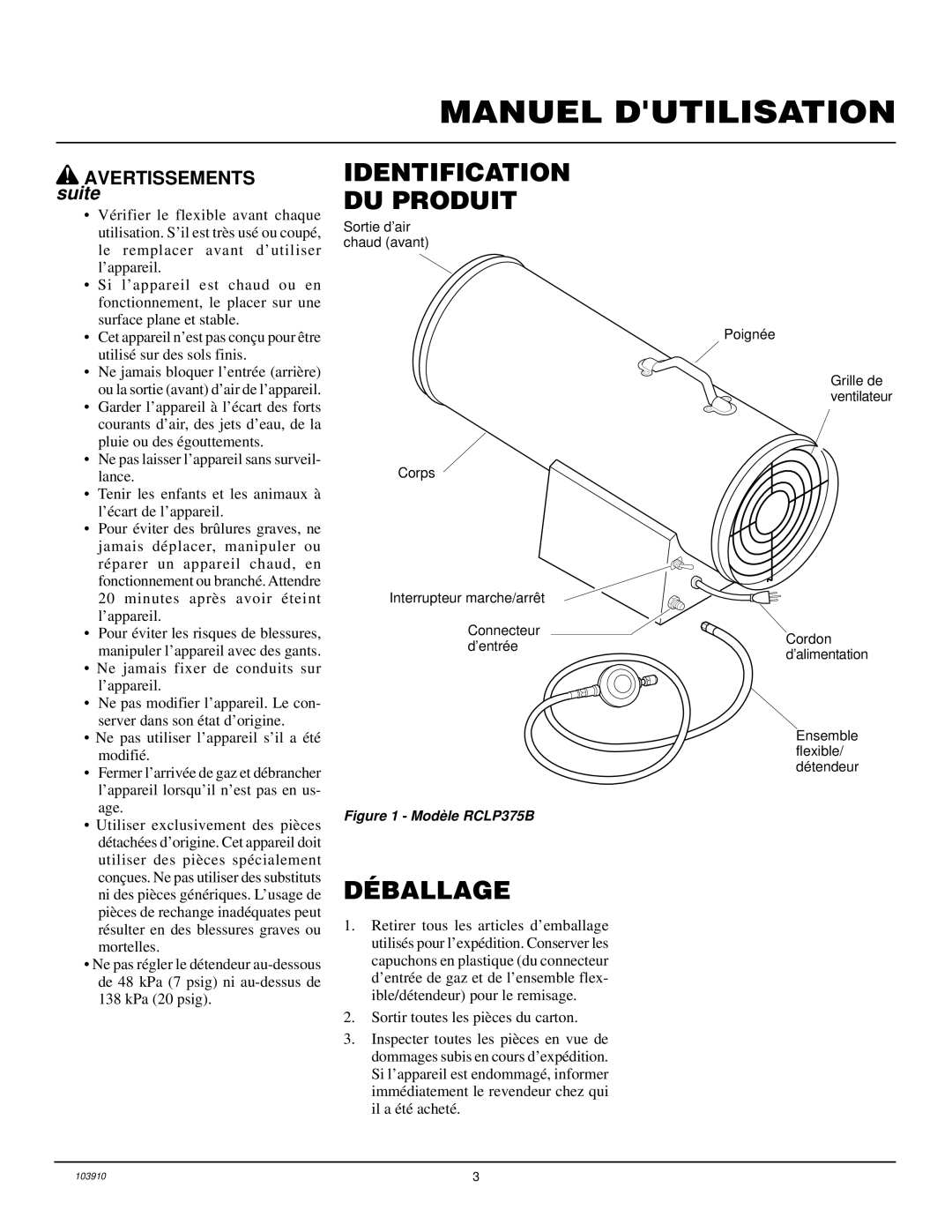 Desa RCLP375B owner manual Identification DU Produit, Déballage 