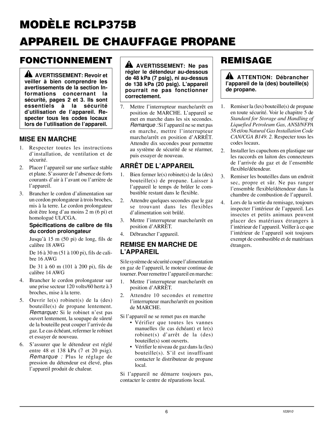 Desa RCLP375B owner manual Fonctionnement, Remisage, Mise EN Marche, Arrêt DE L’APPAREIL, Remise EN Marche DE L’APPAREIL 