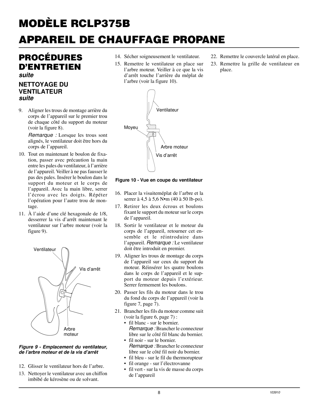 Desa RCLP375B owner manual Suite Nettoyage DU Ventilateur suite 