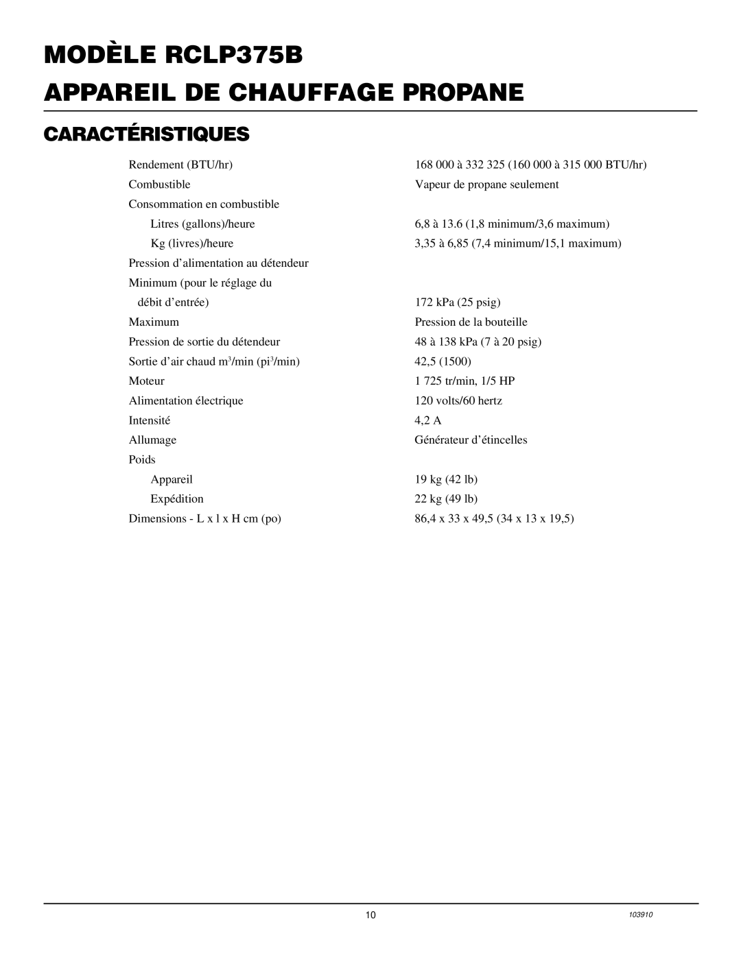 Desa RCLP375B owner manual Caractéristiques 