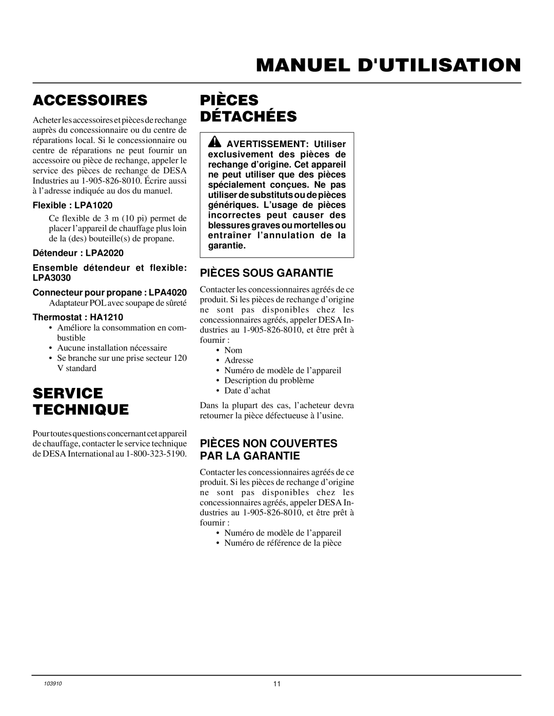 Desa RCLP375B Accessoires, Service Technique, Pièces Détachées, Pièces Sous Garantie, Pièces NON Couvertes PAR LA Garantie 