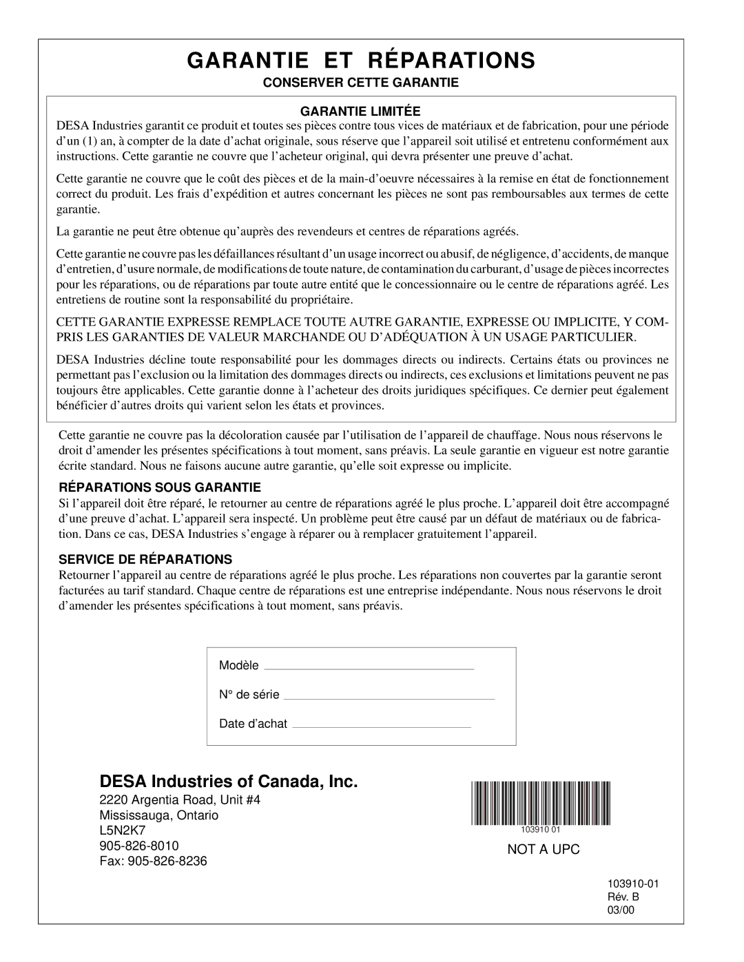 Desa RCLP375B owner manual Garantie ET Réparations 