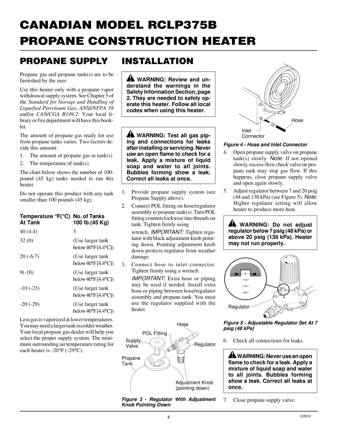 Desa RCLP375B owner manual Propane Supply, Installation, Temperature FC No. of Tanks At Tank 100 lb.45 Kg 