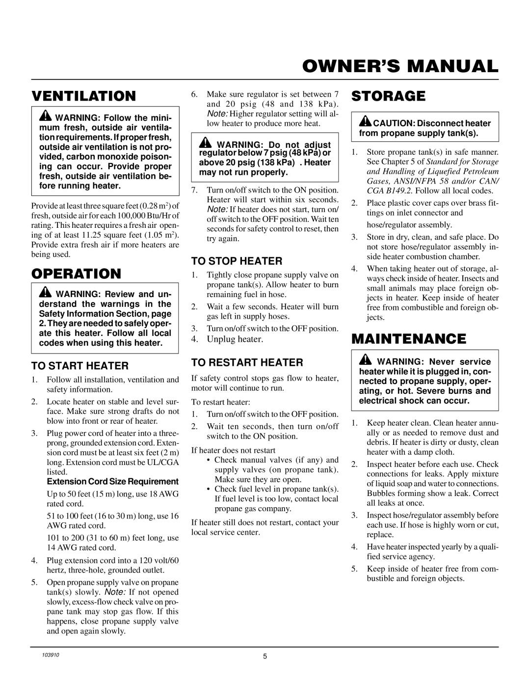 Desa RCLP375B owner manual Ventilation, Storage, Maintenance 