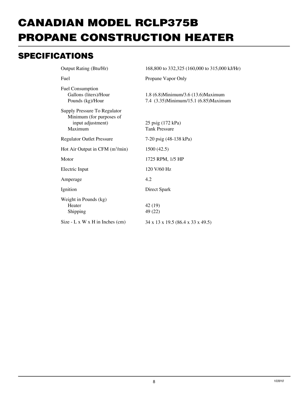 Desa RCLP375B owner manual Specifications 