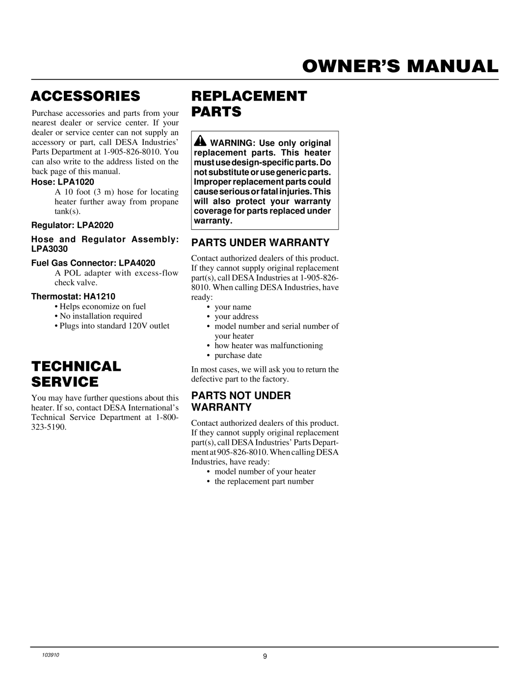 Desa RCLP375B Accessories, Technical Service, Replacement Parts, Parts Under Warranty, Parts not Under Warranty 