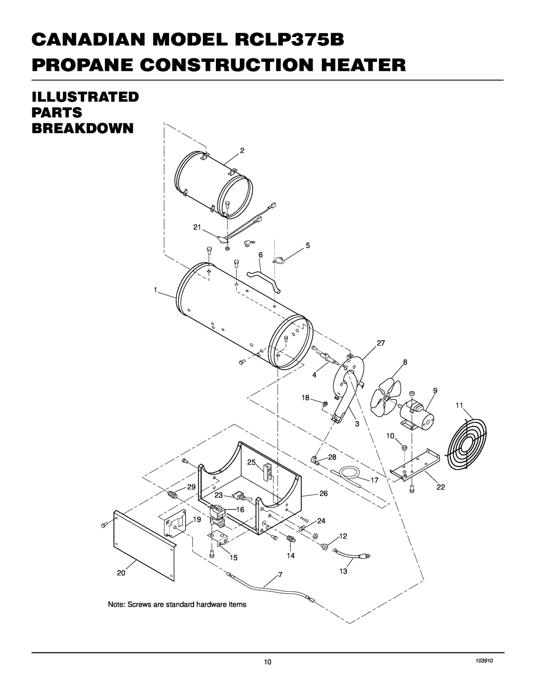 Desa owner manual Illustrated Parts Breakdown, CANADIAN MODEL RCLP375B, Propane Construction Heater 
