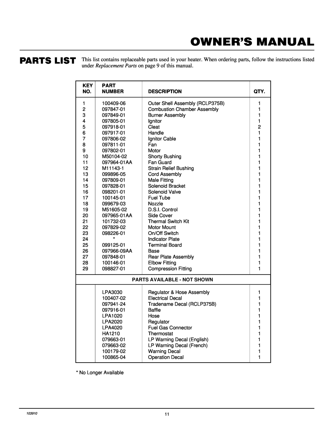 Desa RCLP375B owner manual Parts List, under Replacement Parts on page 9 of this manual 