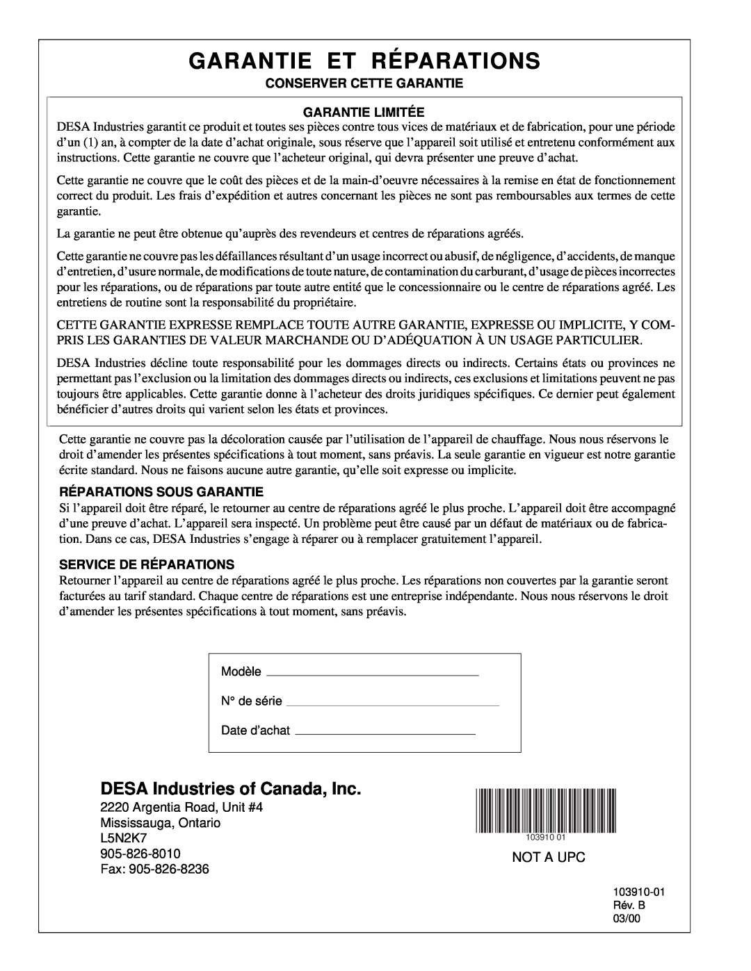 Desa RCLP375B owner manual Garantie Et Réparations, DESA Industries of Canada, Inc, Not A Upc, Limited Warranty 