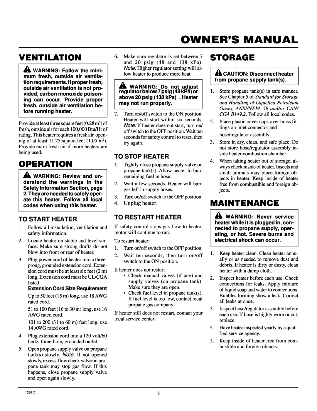 Desa RCLP375B owner manual Ventilation, Operation, Storage, Maintenance, Extension Cord Size Requirement 