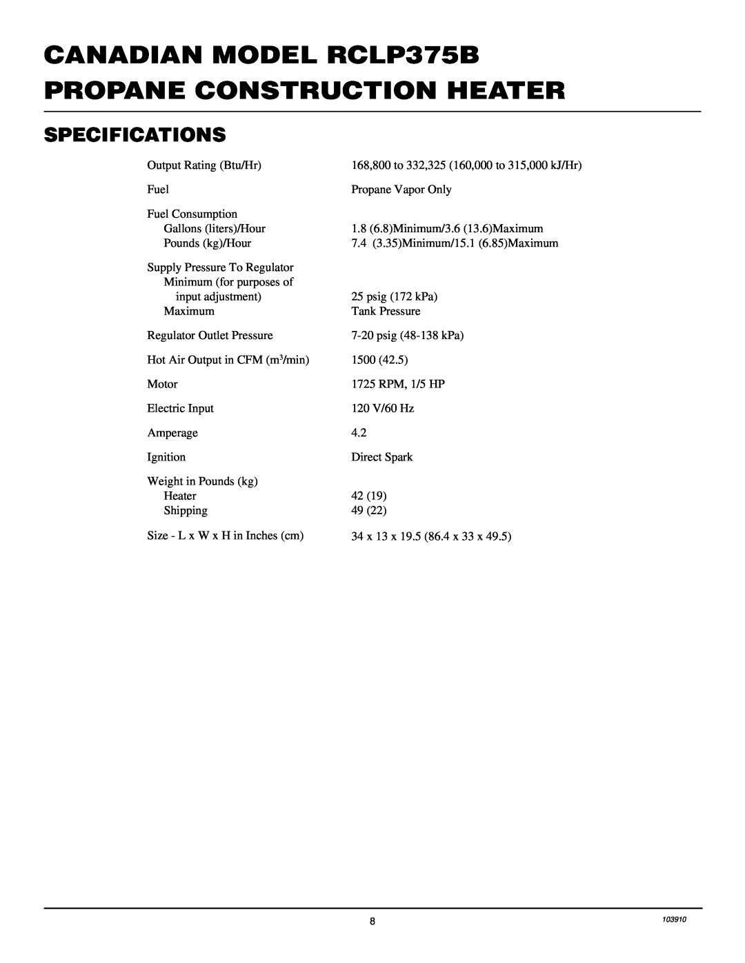Desa owner manual Specifications, CANADIAN MODEL RCLP375B, Propane Construction Heater 