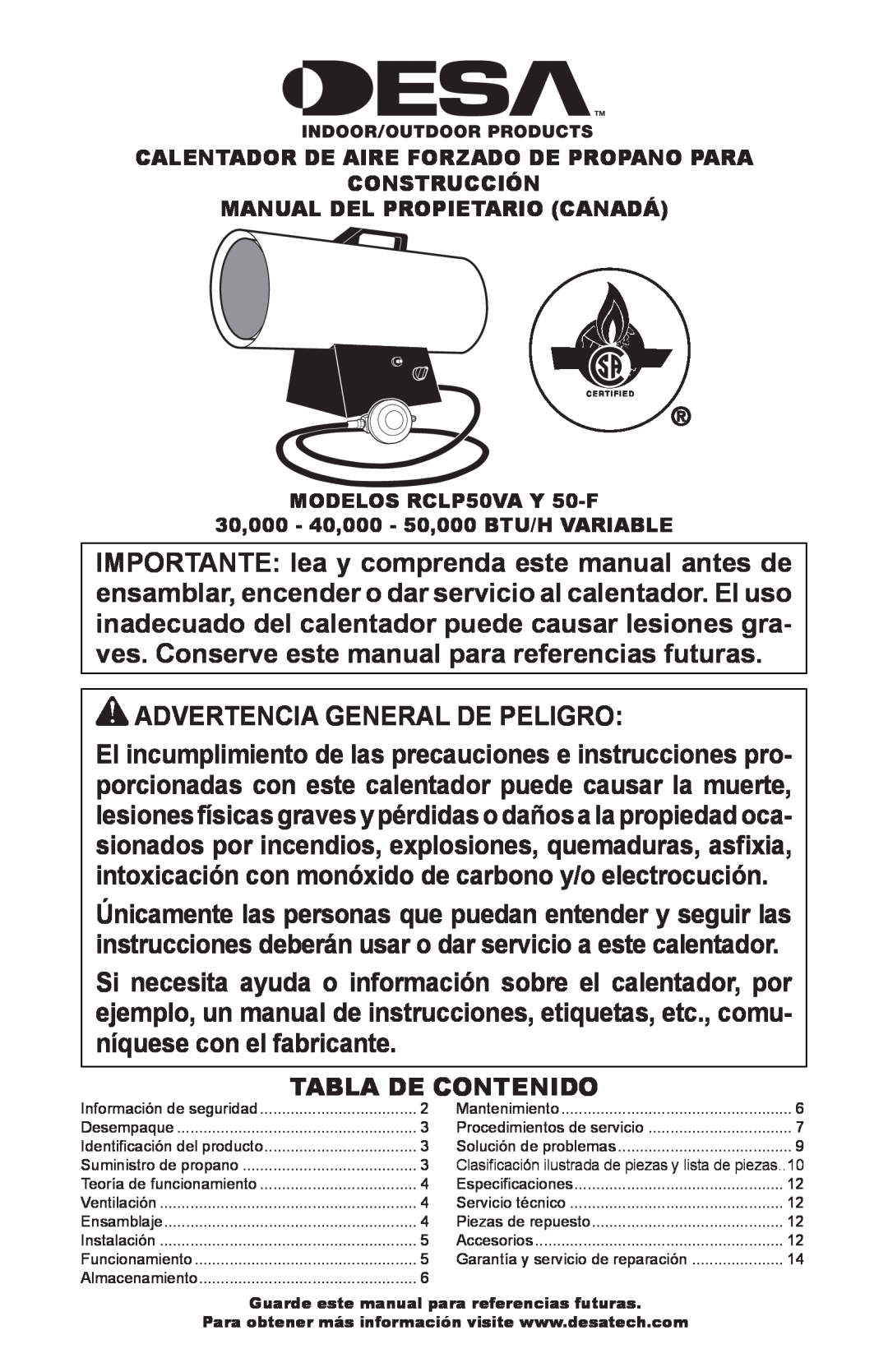 Desa RCLP50-F owner manual Advertencia General De Peligro, Tabla De Contenido 