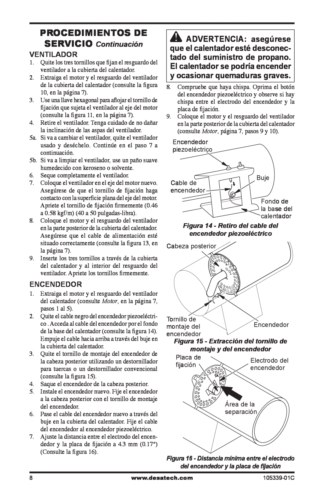Desa RCLP50-F Procedimientos De, SERVICIO Continuación, Ventilador, Encendedor, Figura 14 - Retiro del cable del 