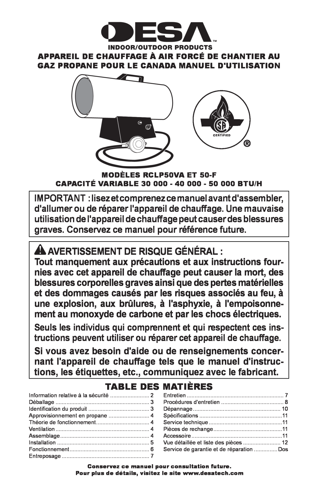 Desa RCLP50-F owner manual Avertissement De Risque Général, Table Des Matières 
