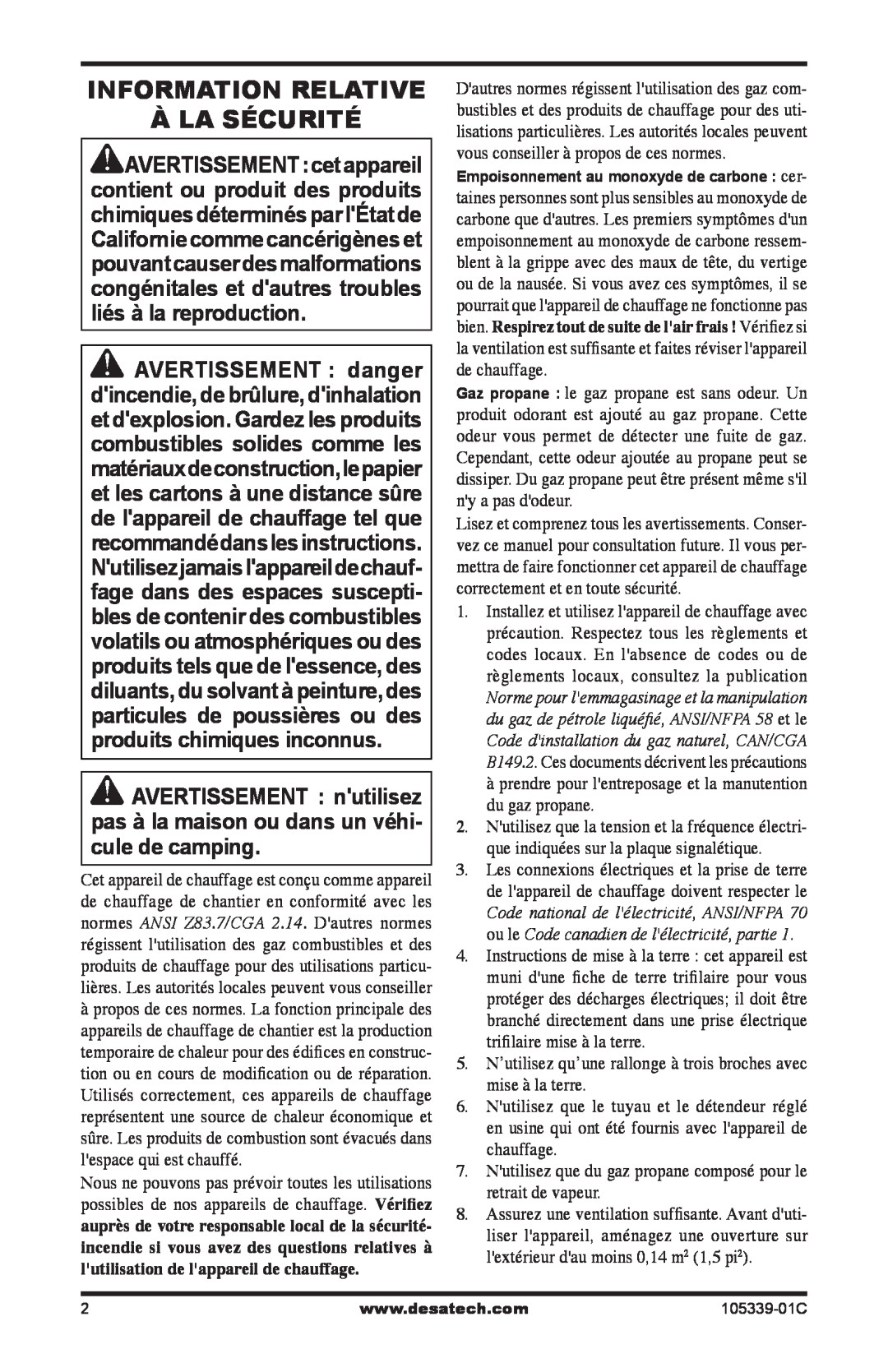 Desa RCLP50-F owner manual Information Relative À La Sécurité 