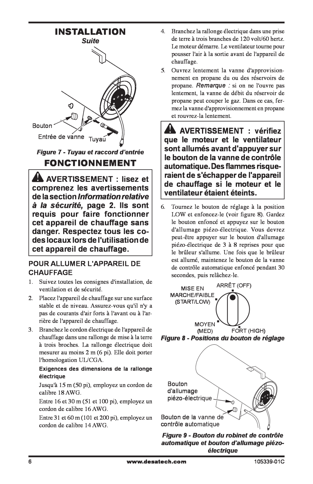 Desa RCLP50-F owner manual Installation, Fonctionnement, Suite, Pour Allumer Lappareil De Chauffage 