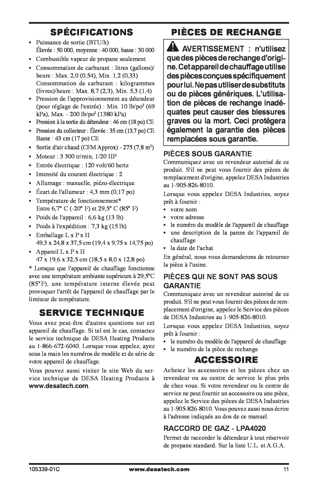 Desa RCLP50-F owner manual Spécifications, Service Technique, Pièces De Rechange, Accessoire, Pièces Sous Garantie 